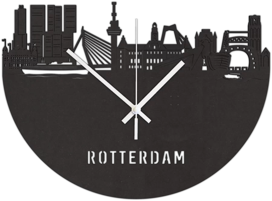 Zwart-MDF klok van Rotterdam, City Shapes wanddecoratie