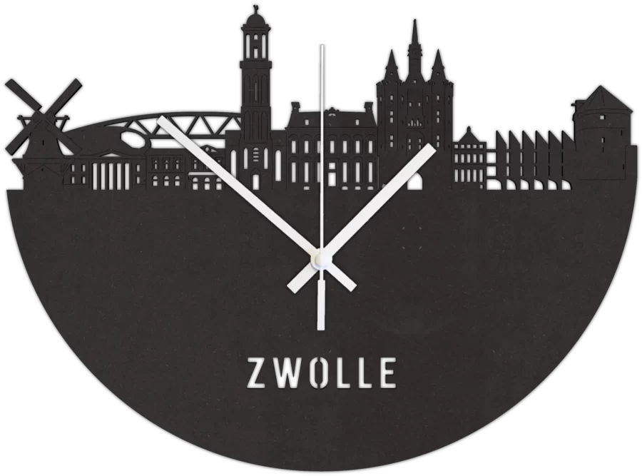 Zwart-MDF klok van Zwolle, City Shapes wanddecoratie