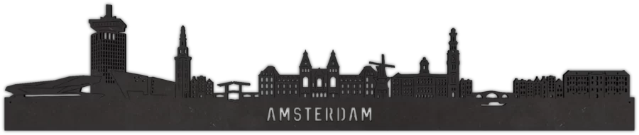 Zwart-MDF skyline van Amsterdam, City Shapes wanddecoratie