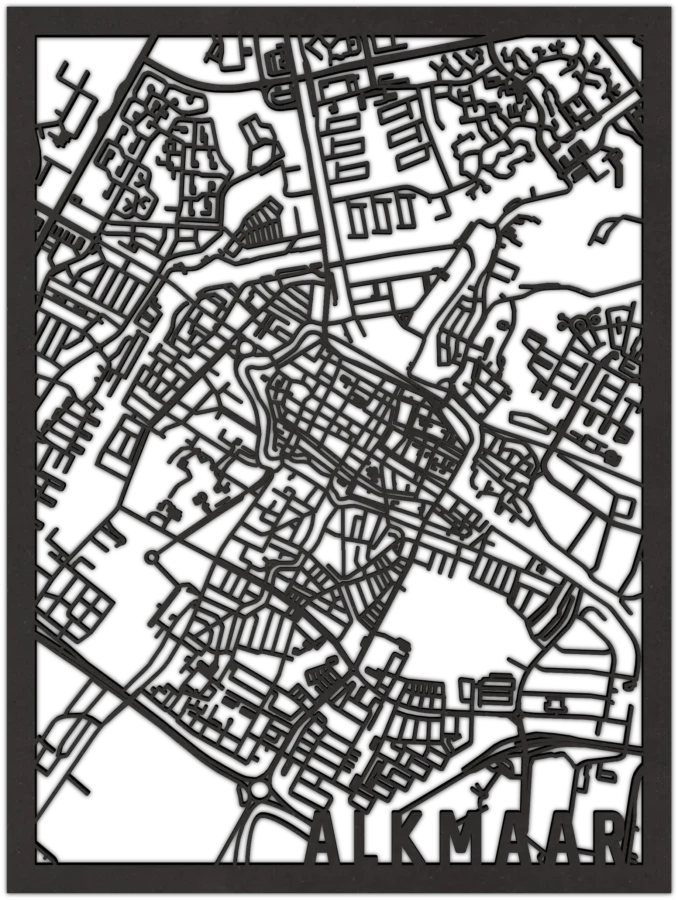 Zwart-MDF stadskaart van Alkmaar, City Shapes wanddecoratie