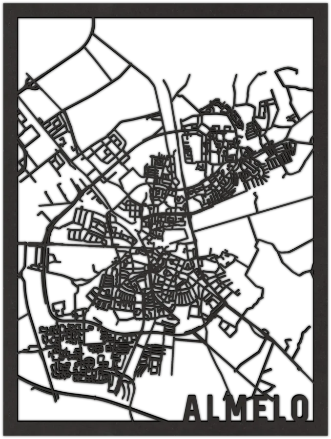 Zwart-MDF stadskaart van Almelo, City Shapes wanddecoratie