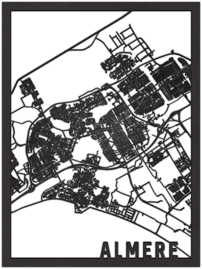 Zwart-MDF stadskaart van Almere, City Shapes wanddecoratie