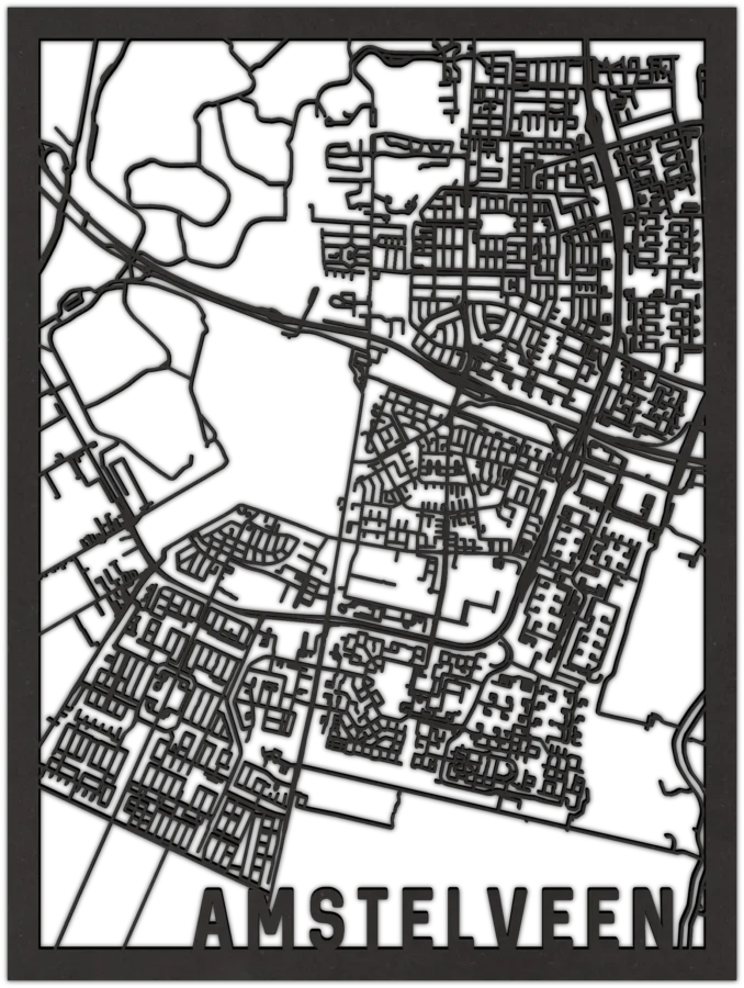 Zwart-MDF stadskaart van Amstelveen, City Shapes wanddecoratie