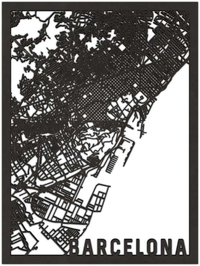 Zwart-MDF stadskaart van Barcelona, City Shapes wanddecoratie