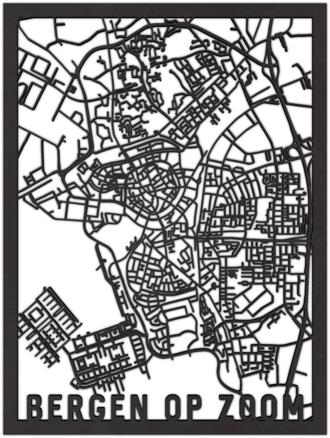 Zwart-MDF stadskaart van Bergen Op Zoom, City Shapes wanddecoratie