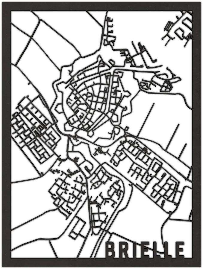 Zwart-MDF stadskaart van Brielle, City Shapes wanddecoratie