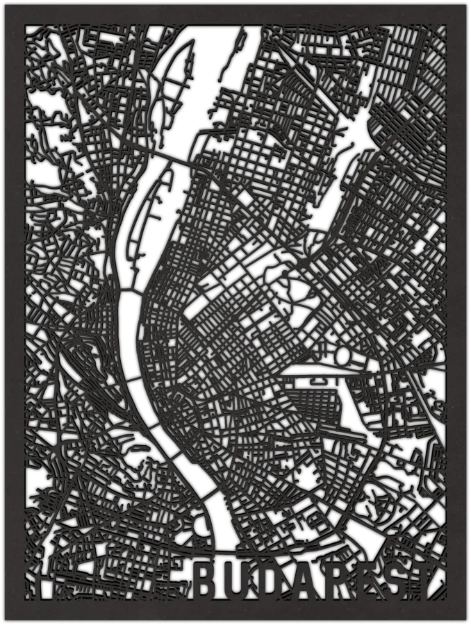 Zwart-MDF stadskaart van Budapest, City Shapes wanddecoratie