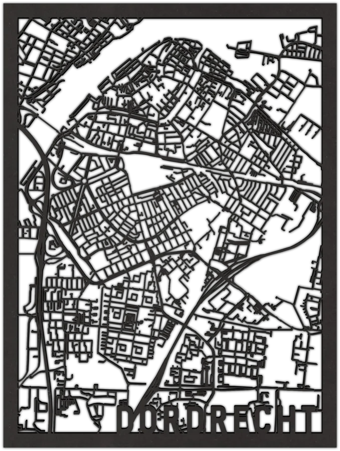 Zwart-MDF stadskaart van Dordrecht, City Shapes wanddecoratie