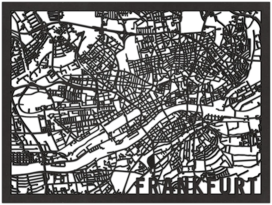 Zwart-MDF stadskaart van Frankfurt, City Shapes wanddecoratie