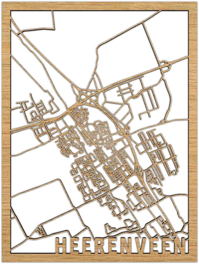 Eiken stadskaart van Heerenveen, City Shapes wanddecoratie