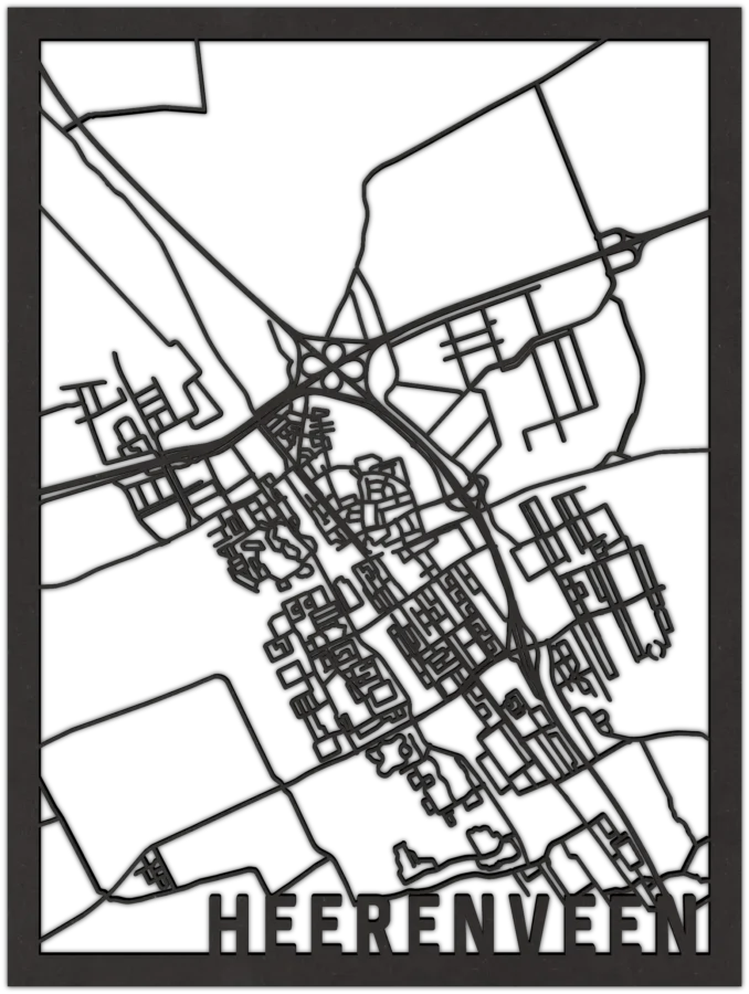 Zwart-MDF stadskaart van Heerenveen, City Shapes wanddecoratie