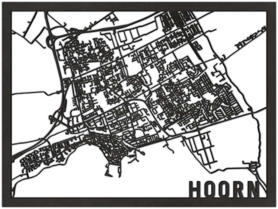 Zwart-MDF stadskaart van Hoorn, City Shapes wanddecoratie