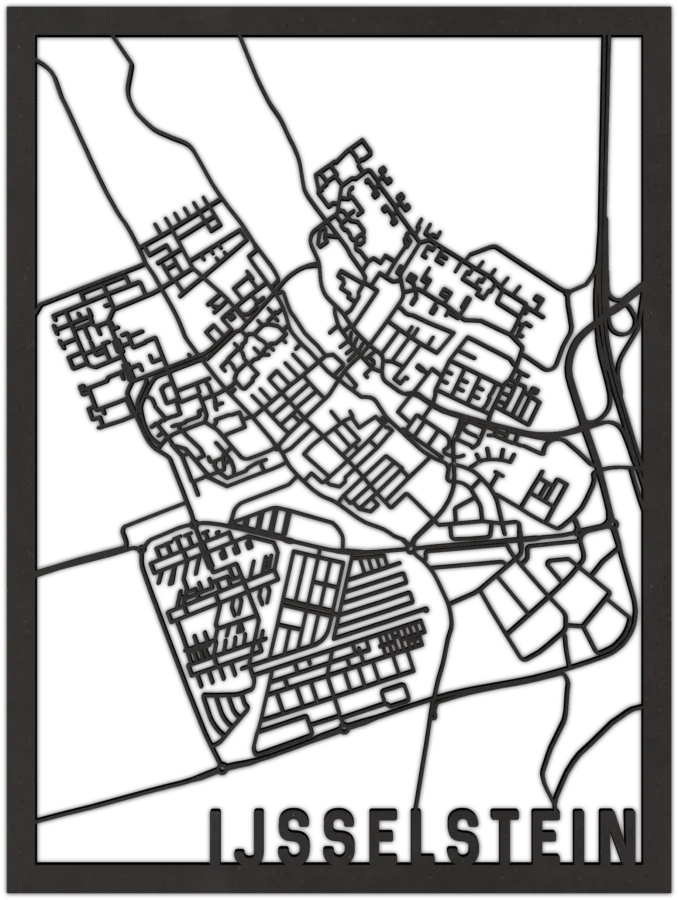 Zwart-MDF stadskaart van IJsselstein, City Shapes wanddecoratie