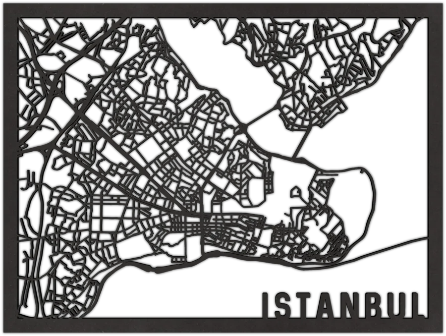 Zwart-MDF stadskaart van Istanbul, City Shapes wanddecoratie