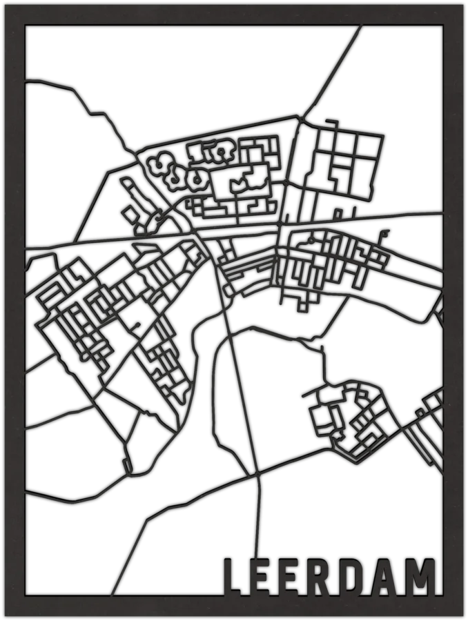 Zwart-MDF stadskaart van Leerdam, City Shapes wanddecoratie