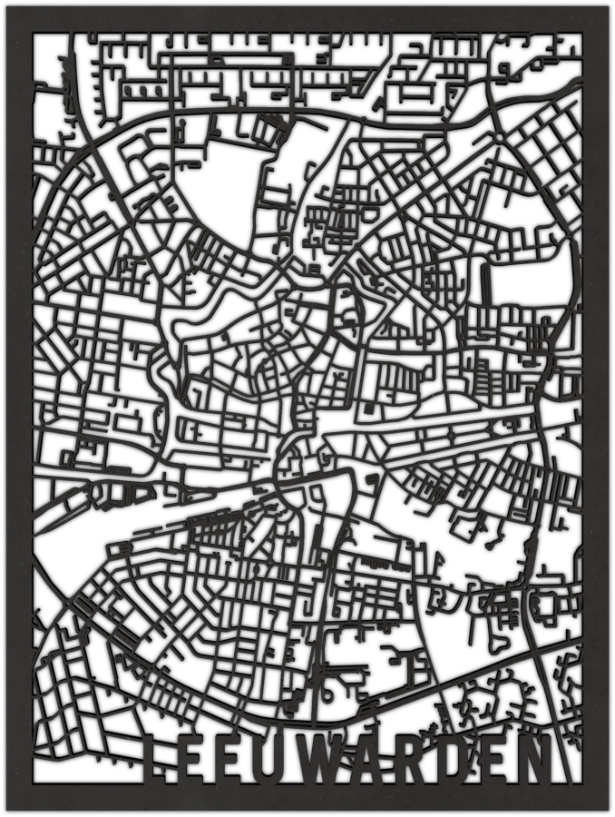 Zwart-MDF stadskaart van Leeuwarden, City Shapes wanddecoratie