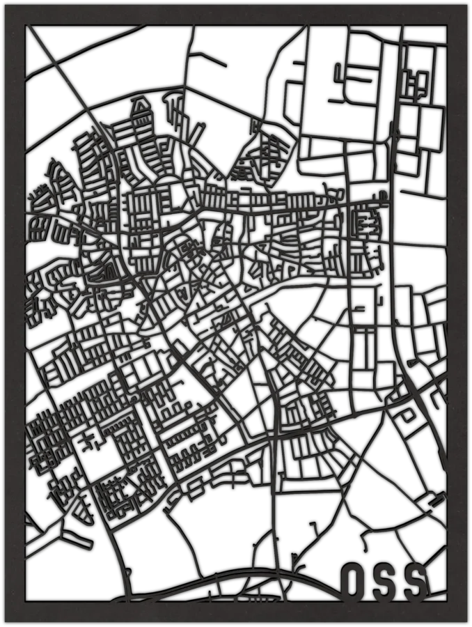 Zwart-MDF stadskaart van Oss, City Shapes wanddecoratie