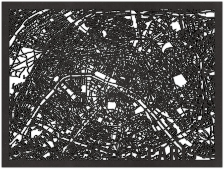 Zwart-MDF stadskaart van Paris, City Shapes wanddecoratie