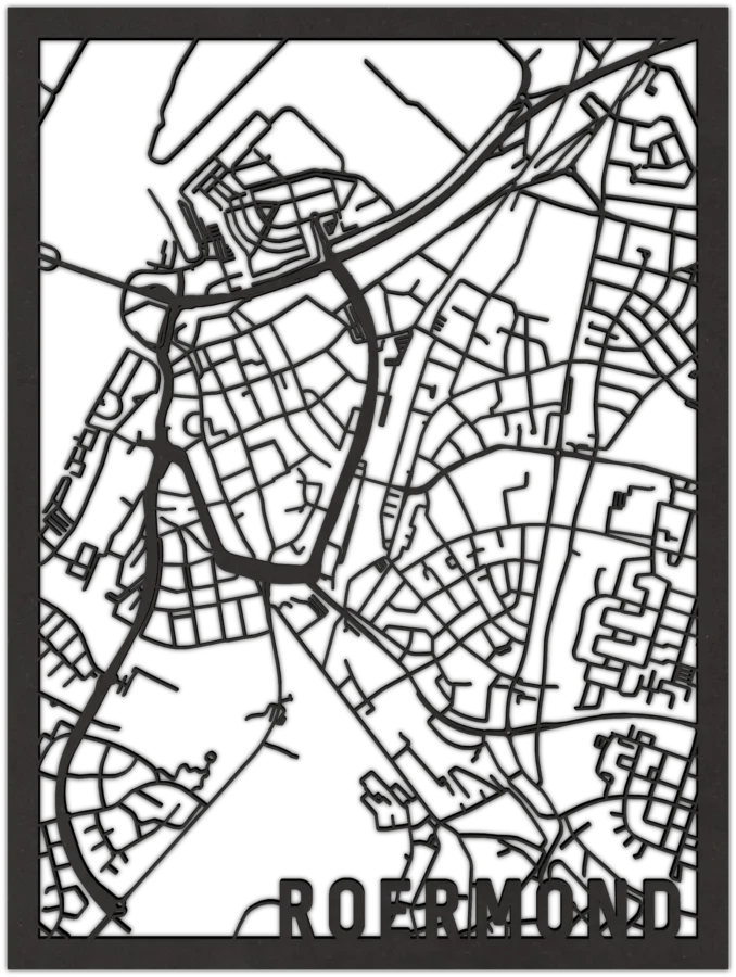 Zwart-MDF stadskaart van Roermond, City Shapes wanddecoratie