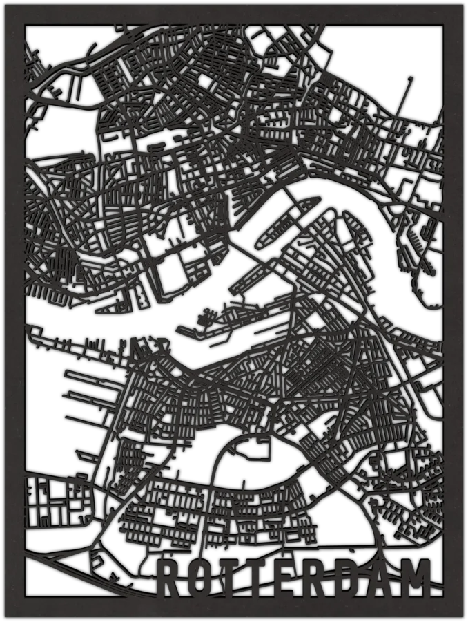 Zwart-MDF stadskaart van Rotterdam, City Shapes wanddecoratie