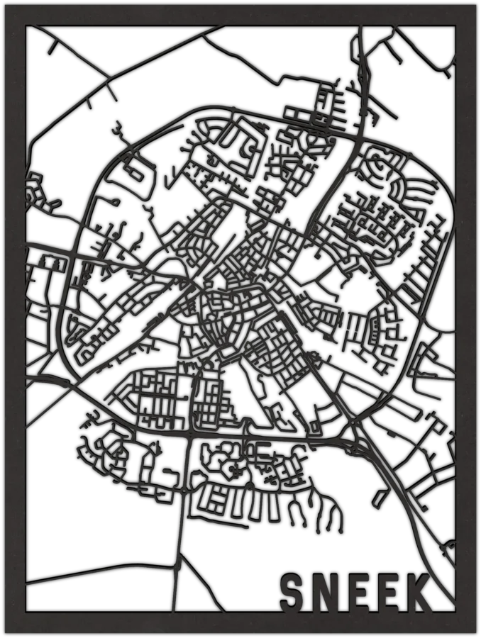 Zwart-MDF stadskaart van Sneek, City Shapes wanddecoratie