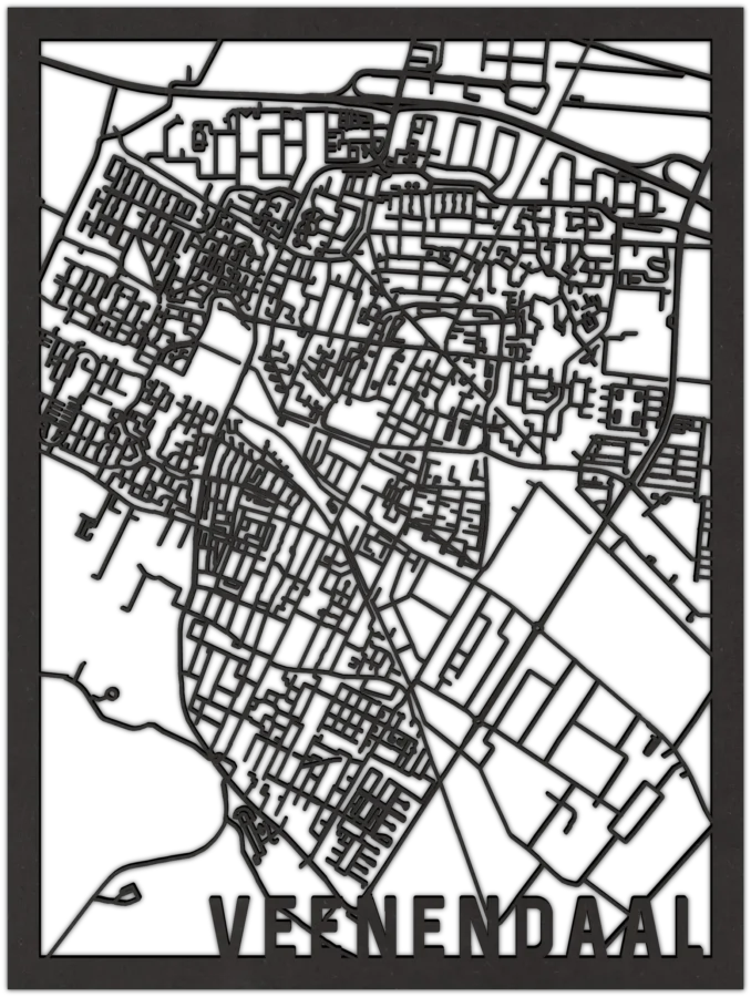 Zwart-MDF stadskaart van Veenendaal, City Shapes wanddecoratie