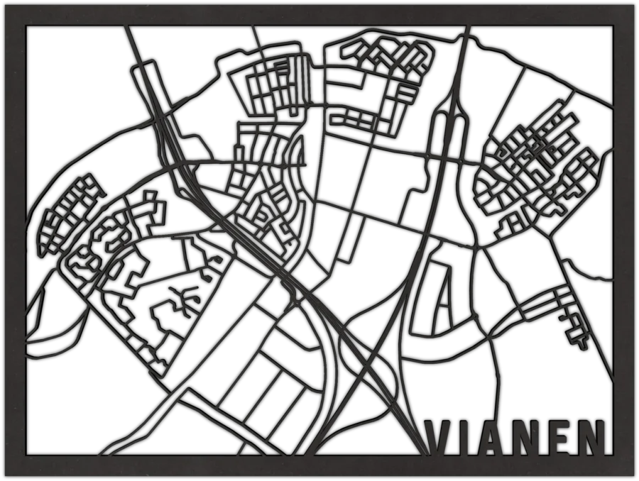 Zwart-MDF stadskaart van Vianen, City Shapes wanddecoratie