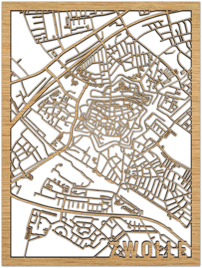 Eiken stadskaart van Zwolle, City Shapes wanddecoratie