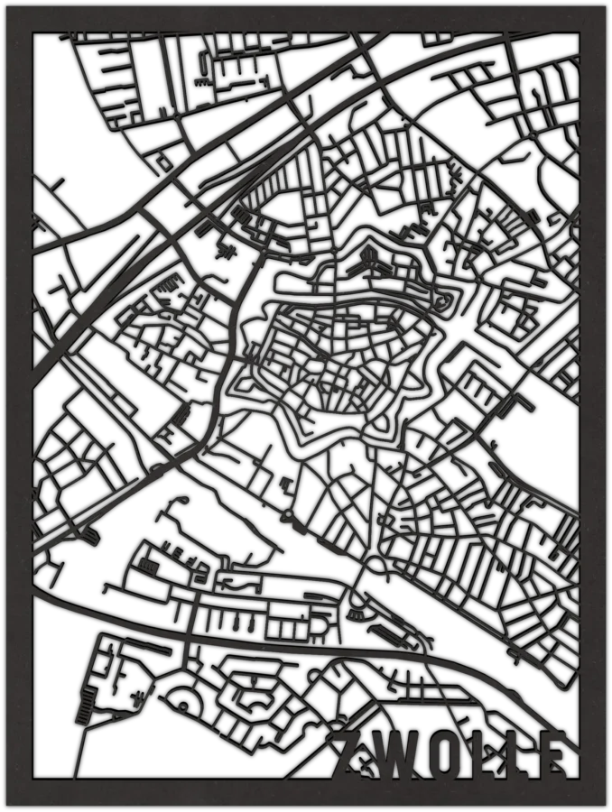 Zwart-MDF stadskaart van Zwolle, City Shapes wanddecoratie