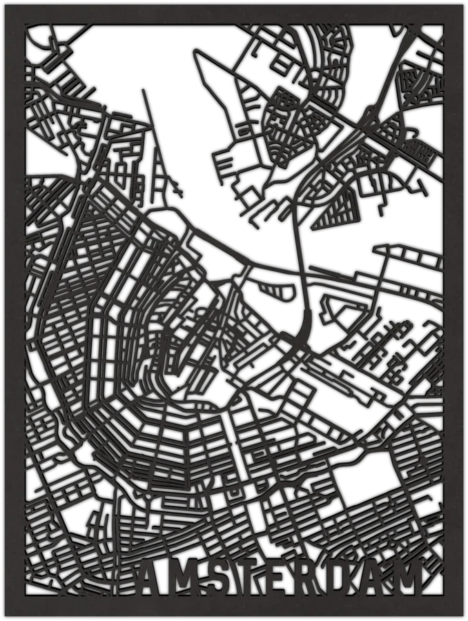 Zwart-MDF stadskaart van amsterdam, City Shapes wanddecoratie