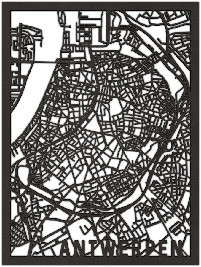 Zwart-MDF stadskaart van antwerpen, City Shapes wanddecoratie