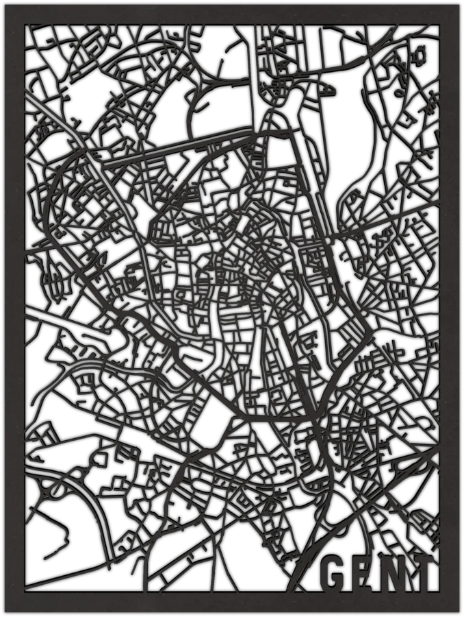 Zwart-MDF stadskaart van gent, City Shapes wanddecoratie