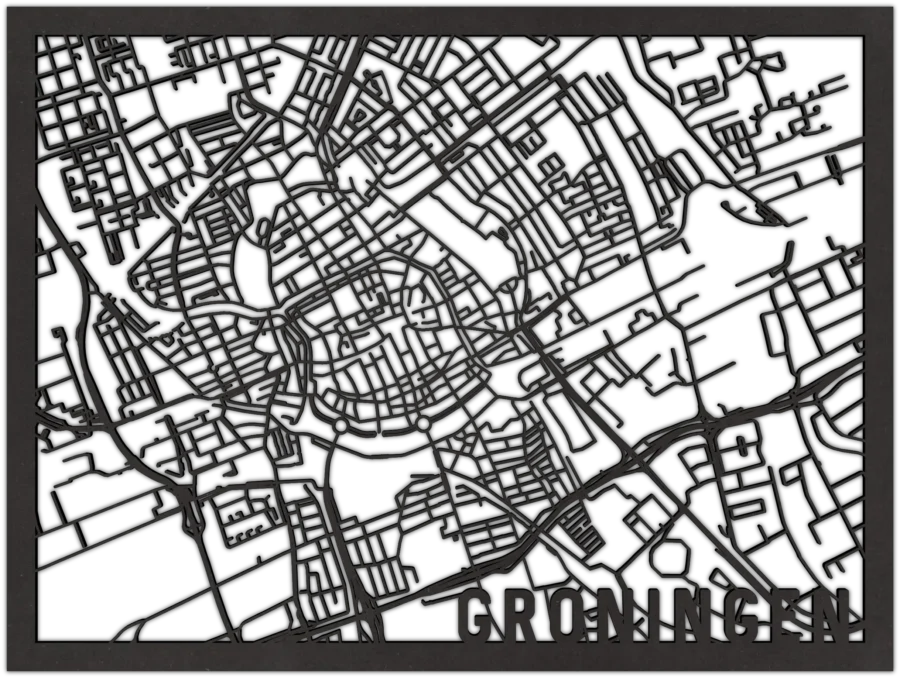 Zwart-MDF stadskaart van groningen, City Shapes wanddecoratie