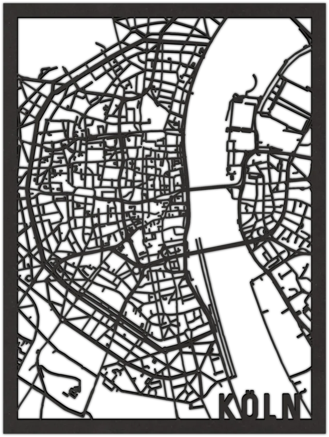 Zwart-MDF stadskaart van koln, City Shapes wanddecoratie