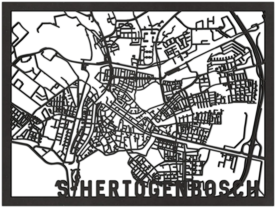 Zwart-MDF stadskaart van s Hertogenbosch, City Shapes wanddecoratie