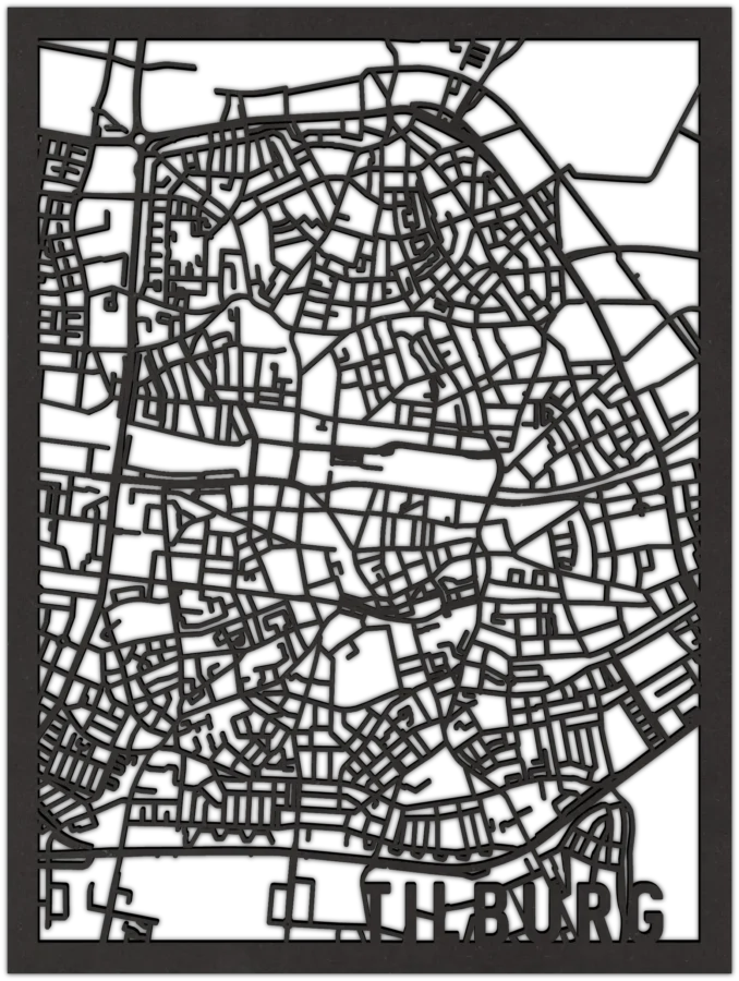 Zwart-MDF stadskaart van tilburg, City Shapes wanddecoratie