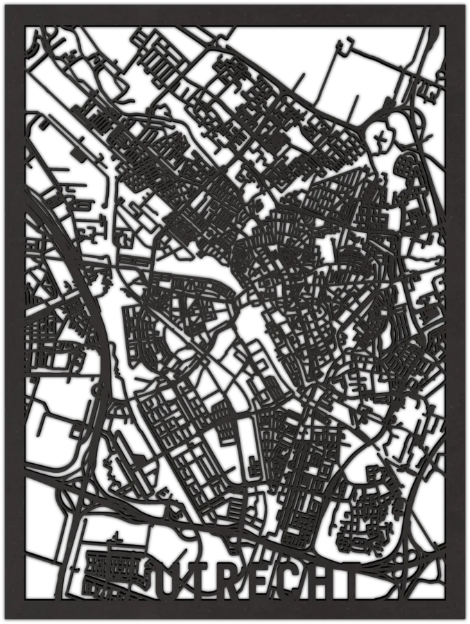 Zwart-MDF stadskaart van utrecht, City Shapes wanddecoratie