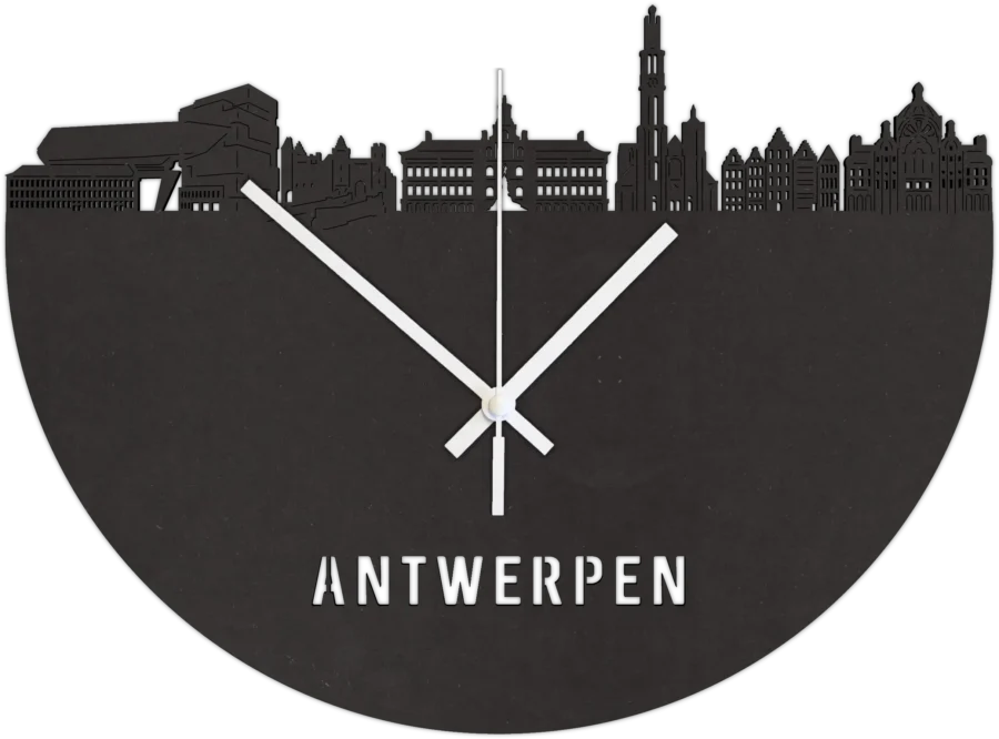 Zwart-MDF klok van Antwerpen, City Shapes wanddecoratie