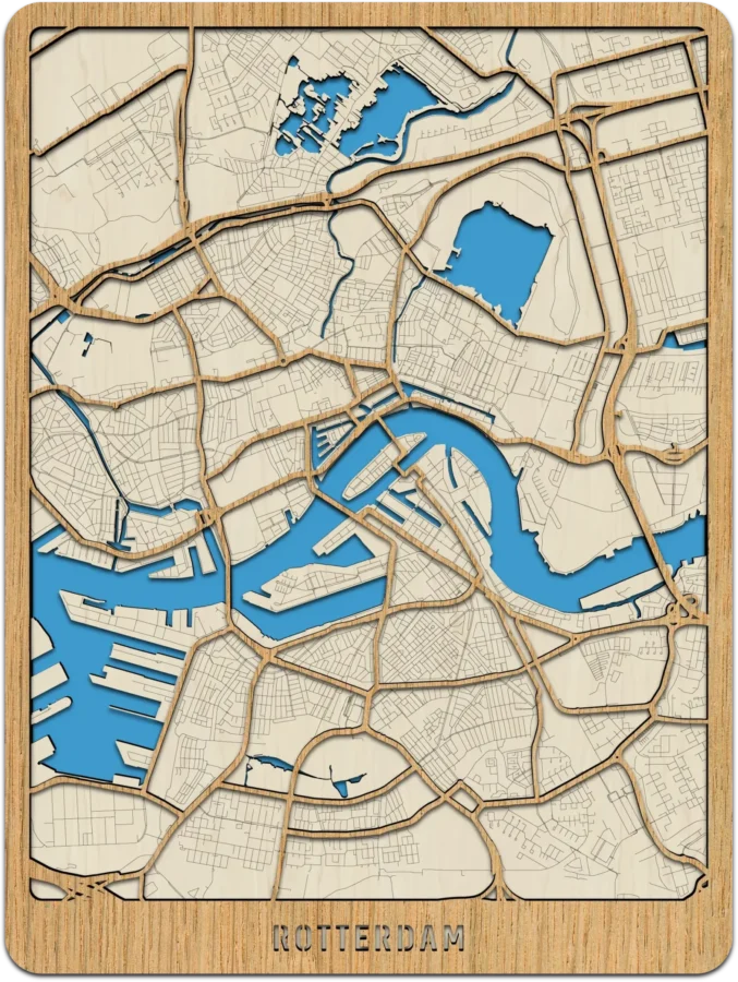 Eiken stadskaart van Rotterdam, City Shapes wanddecoratie