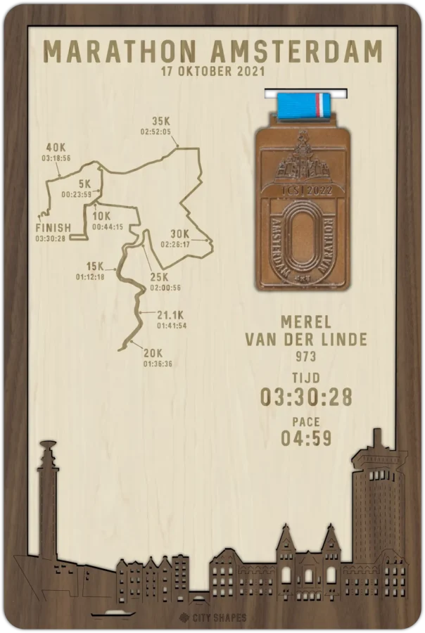 Noten medaillehouder van Marathon Amsterdam, City Shapes wanddecoratie