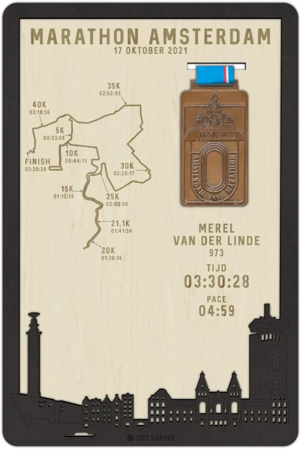 Zwart-MDF medaillehouder van Marathon Amsterdam, City Shapes wanddecoratie