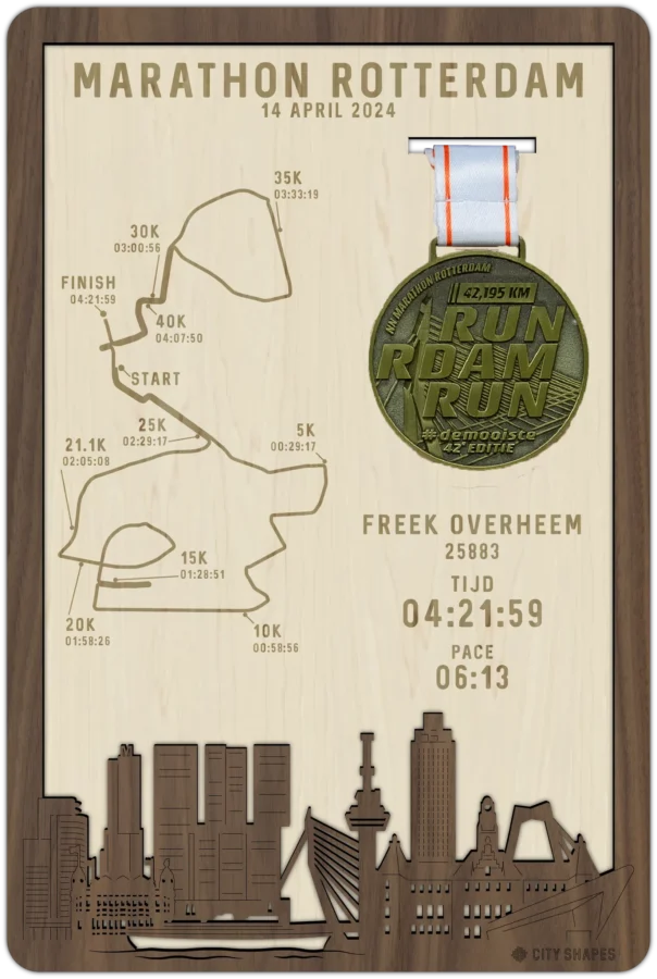 Noten medaillehouder van Marathon Rotterdam, City Shapes wanddecoratie