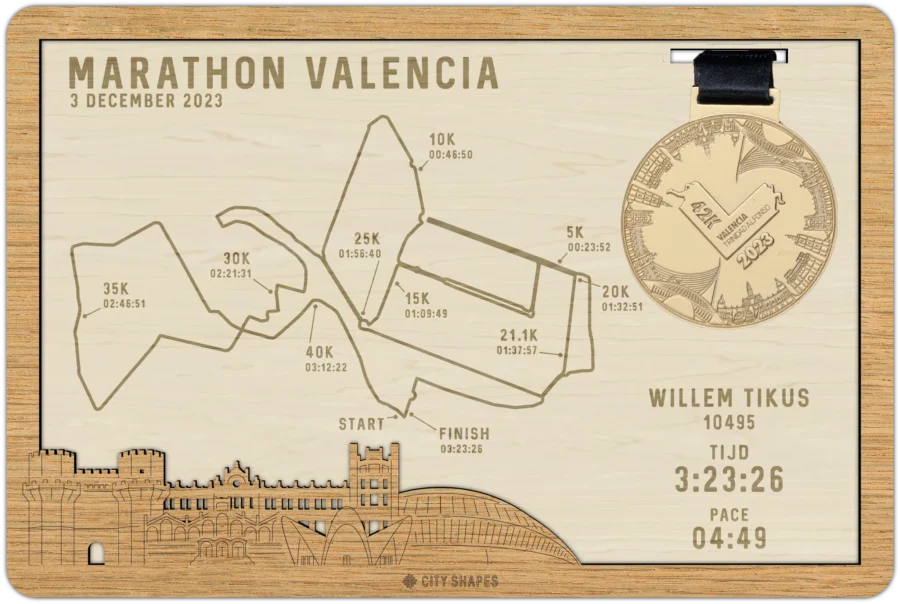 Eiken medaillehouder van Marathon Valencia, City Shapes wanddecoratie