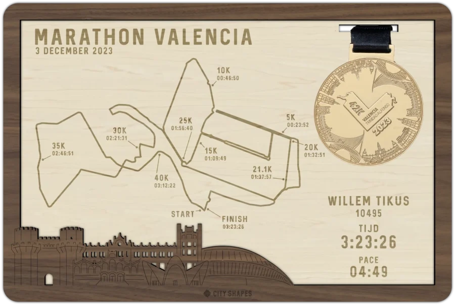 Noten medaillehouder van Marathon Valencia, City Shapes wanddecoratie