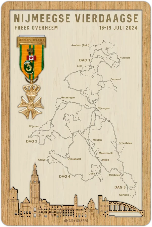 Eiken medaillehouder van Nijmeegse Vierdaagse, City Shapes wanddecoratie