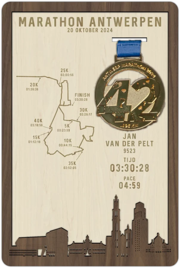 Noten medaillehouder van Marathon Antwerpen, City Shapes wanddecoratie