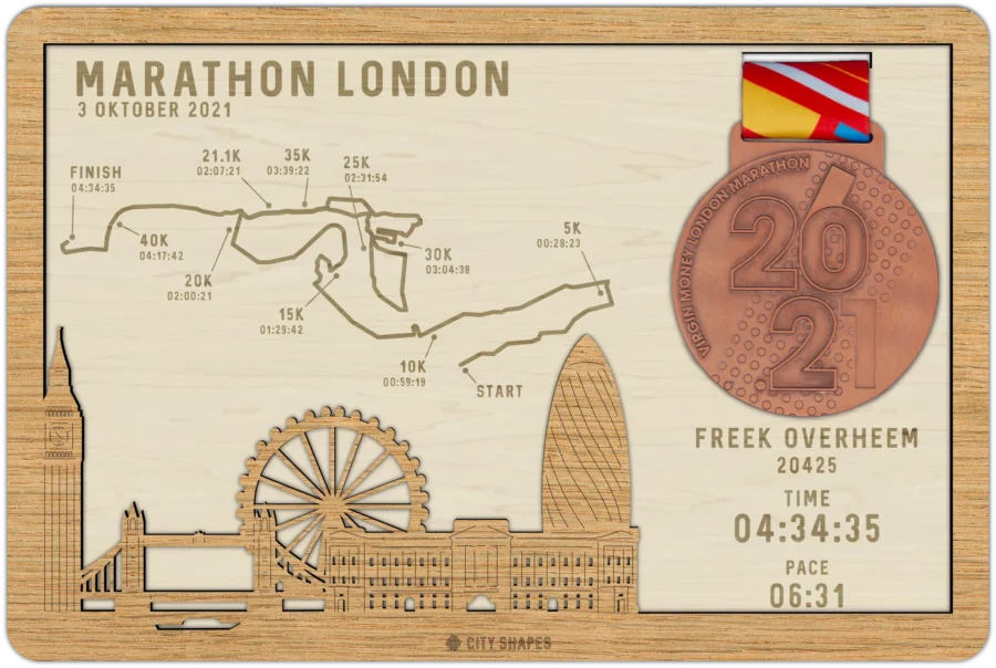 Eiken medaillehouder van Marathon london, City Shapes wanddecoratie