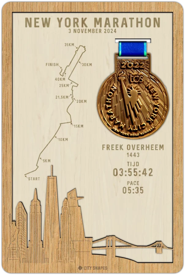 Eiken medaillehouder van Marathon new york, City Shapes wanddecoratie